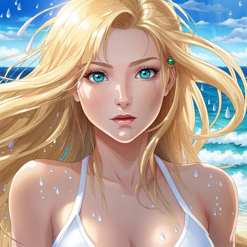 Anime Woman with Rainbow Eyes on Beach