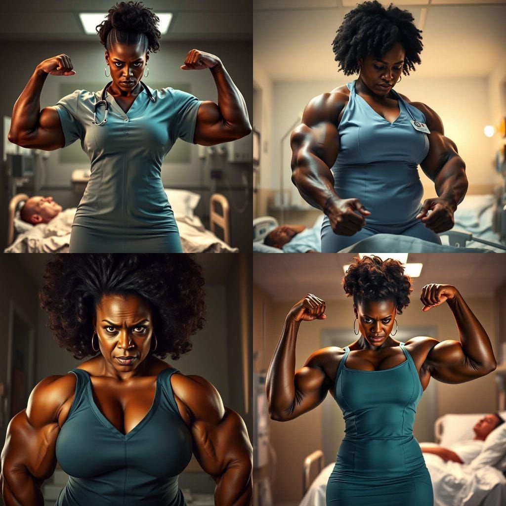 Angry Black Bodybuilder Nurse Flexes Massive Biceps