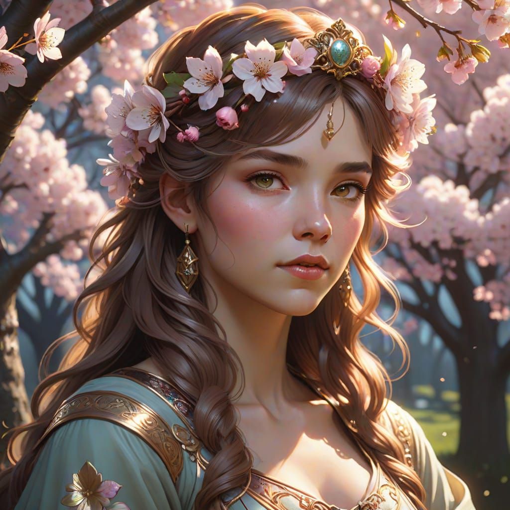 Ethereal Woman Adorned with Cherry Blossoms in Art Nouveau S...