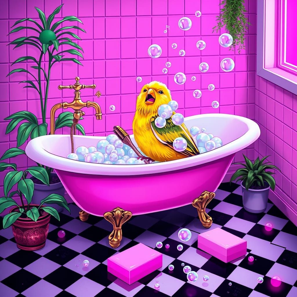 Surreal Pink Clawfoot Tub Scene in Retro Synthwave Style