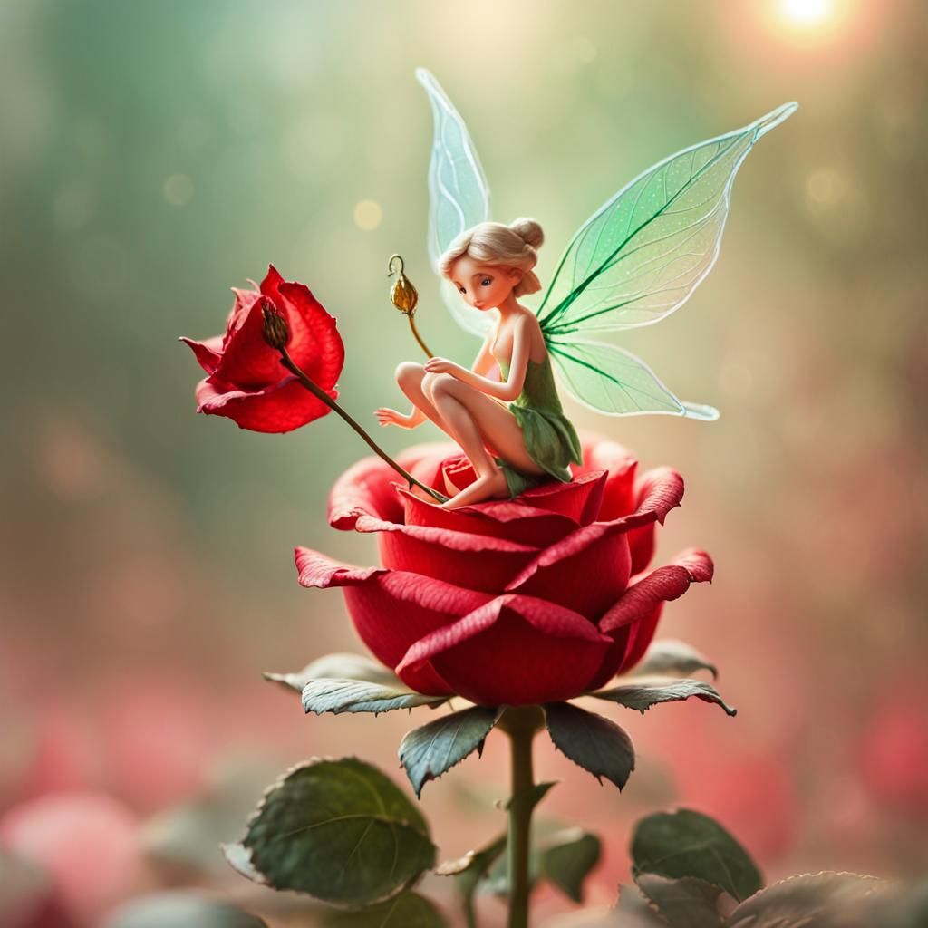Whimsical Fairy Sits on a Vibrant Red Rose in Delicate Water...