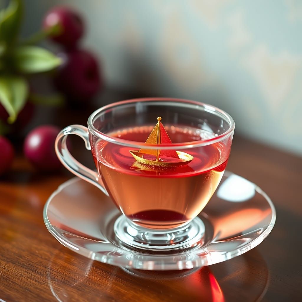 Gelatin Teacup With Miniature Gold Boat On Cranberry Sea