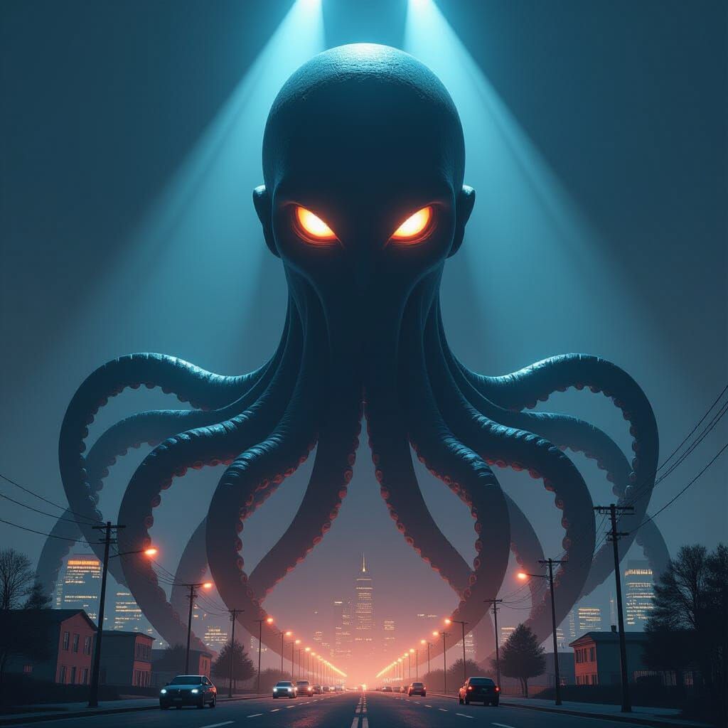 Colossal Siren Creature Over City at Night