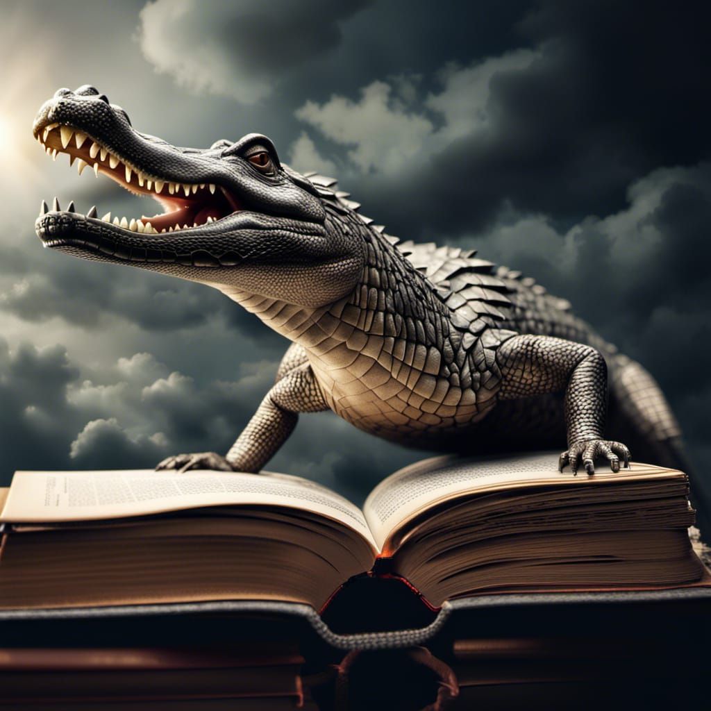 Book with Flying Crocodile in Hyperrealistic Style