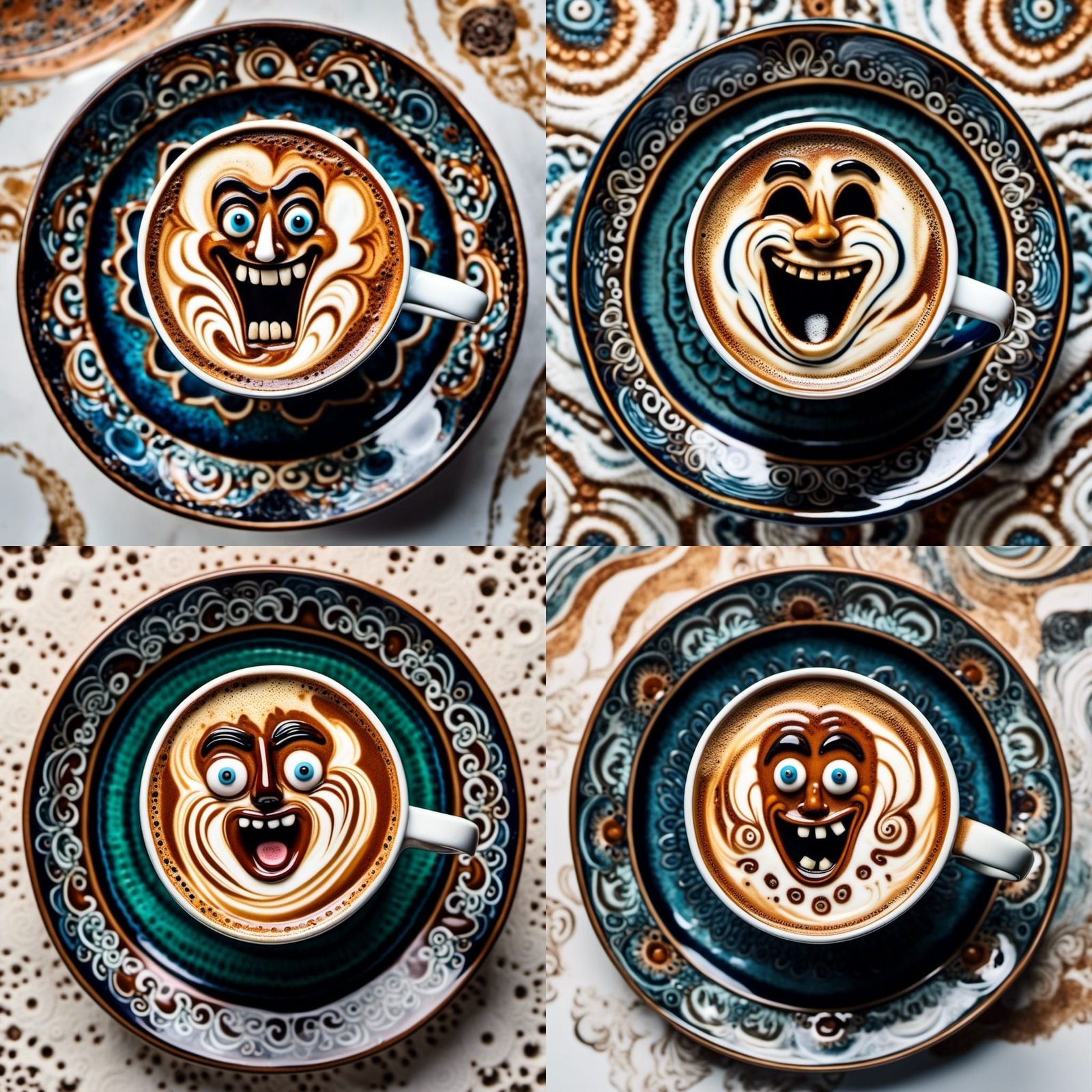 scared faces and abstract bodies with reaching arms in a carved plate and cup:1.3) of cappuccino with scared face, s...