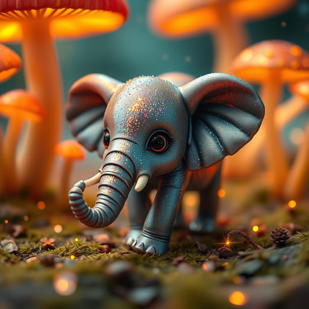 Miniature Fantasy Elephant in Glowing Forest