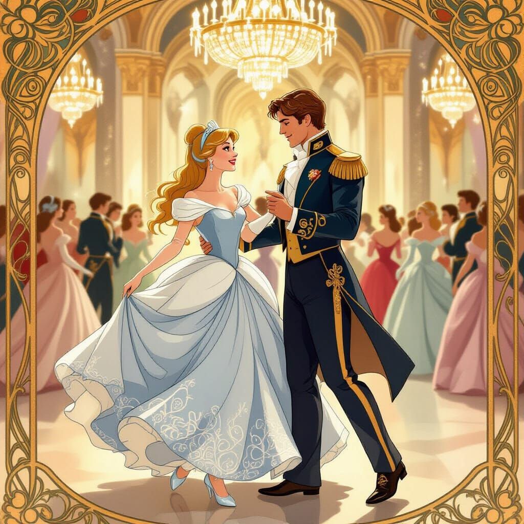 Cinderella Dancing in a Grand Ballroom, Art Nouveau Style