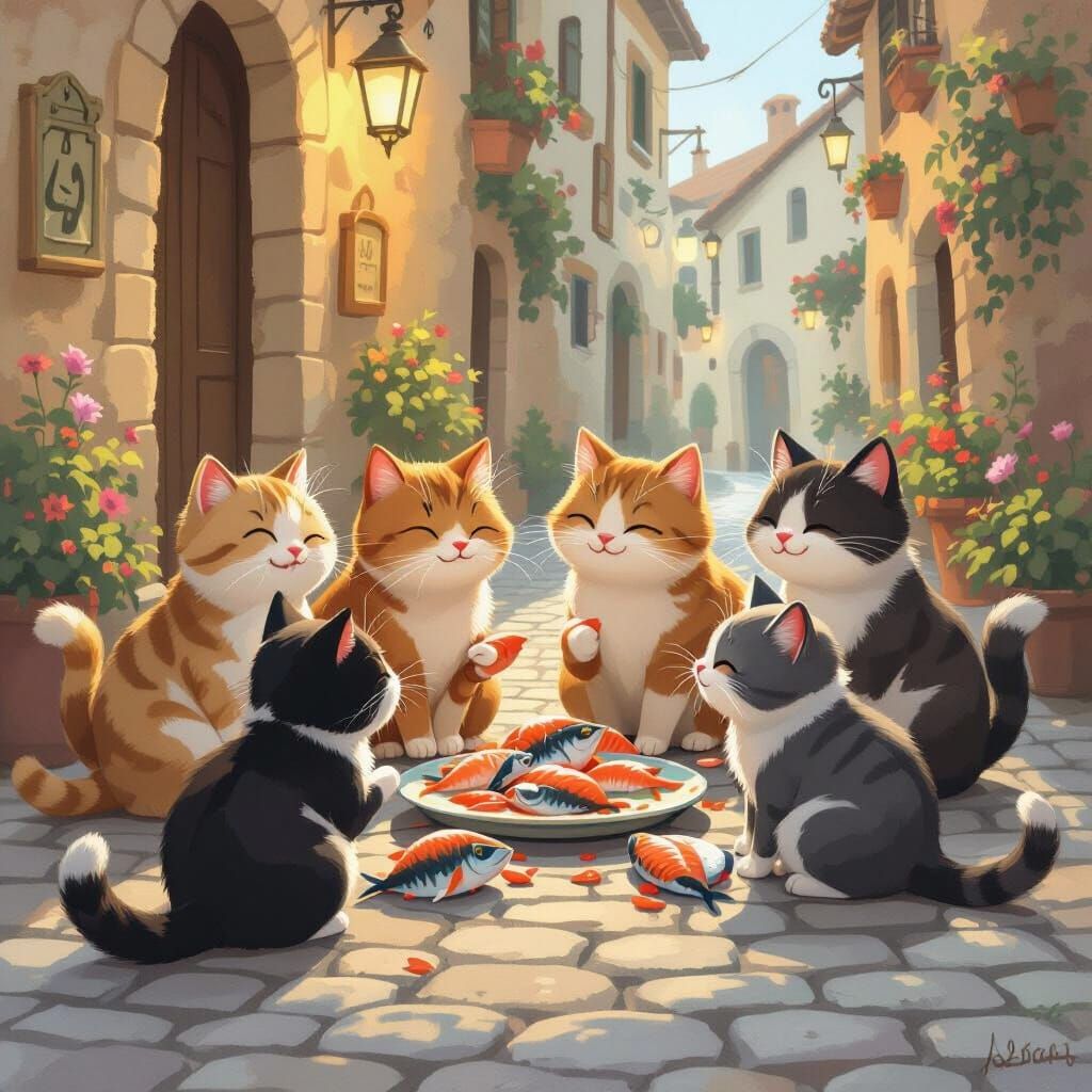 Friendly Cats Enjoying Fish on Cobblestone Street