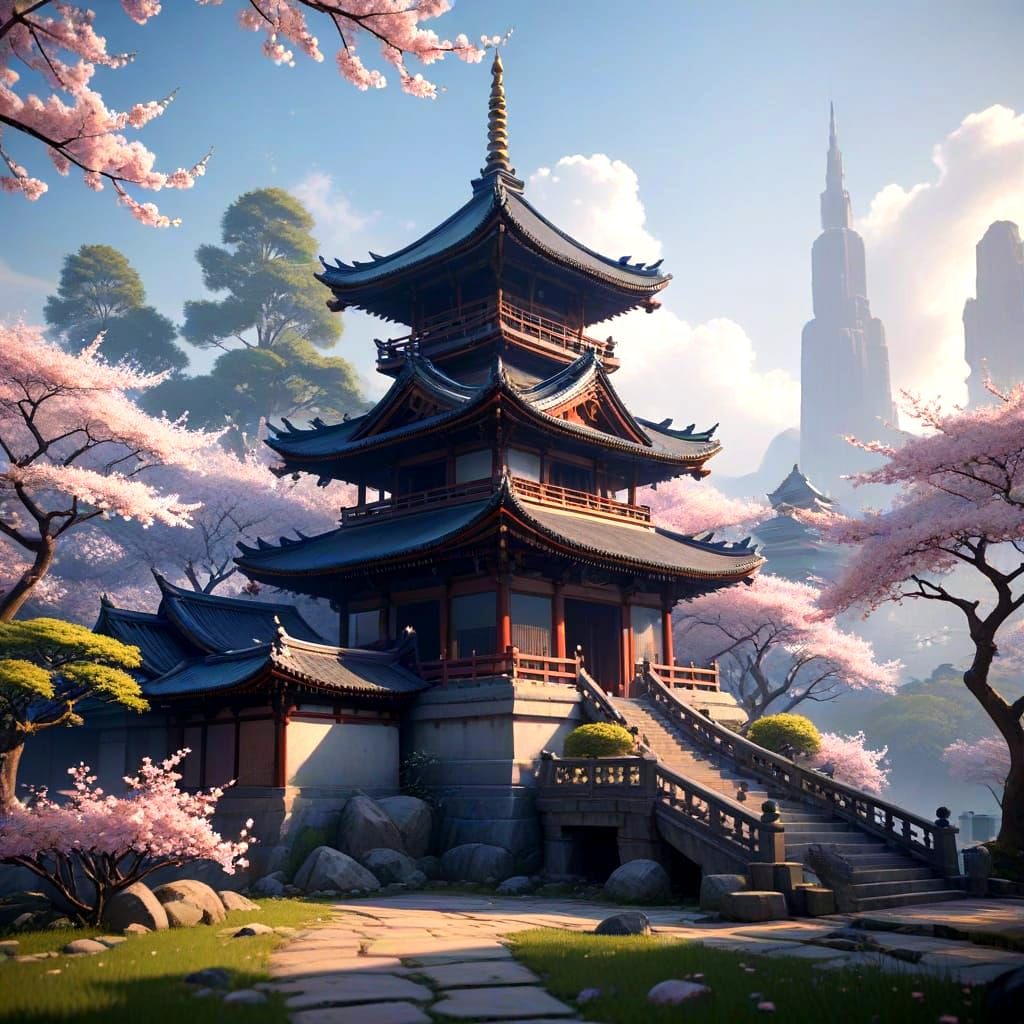 Surreal Pagoda Emerges from Morning Mist in a Vibrant Zen Ga...