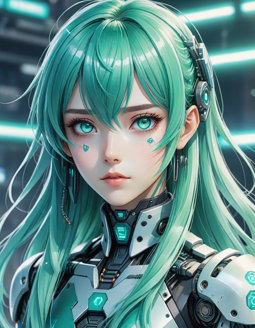 Cybernetic Android Woman with Aqua Hair, Watercolor Anime