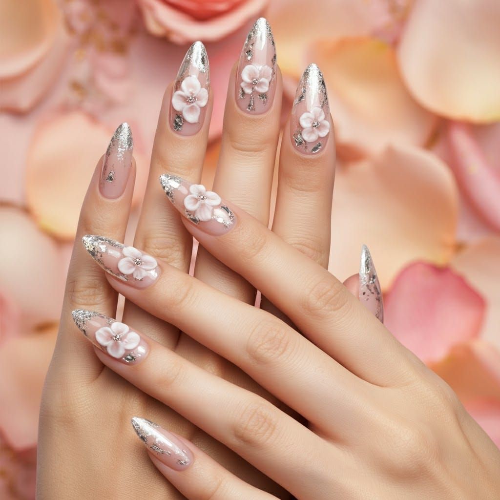 Elegant Floral Nail Art with Glitter Accents