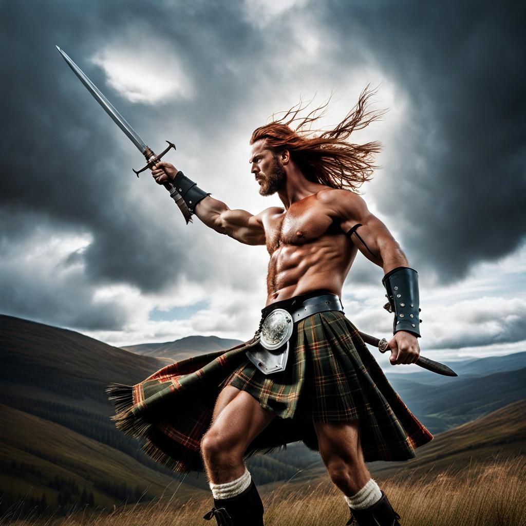 Dramatic Highlander with Claymore Sword, Expressionistic Sty...