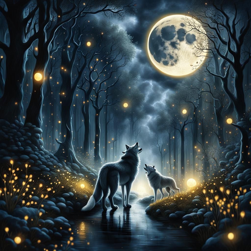 Queen and Wolf in Ethereal Magical Forest