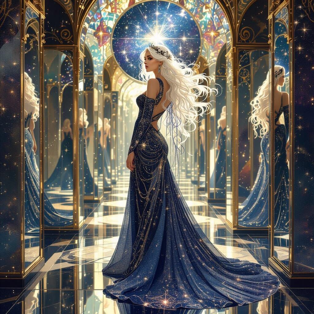 Celestial Woman in Mirrored Hall, Art Nouveau Style