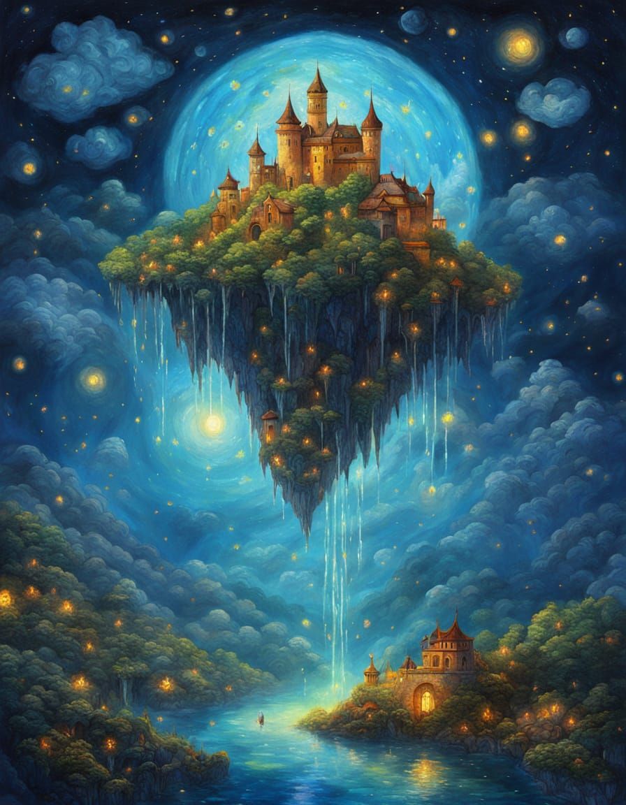 Fantasy Dreamscape with Waterfalls and Glowing Lights in Oil...
