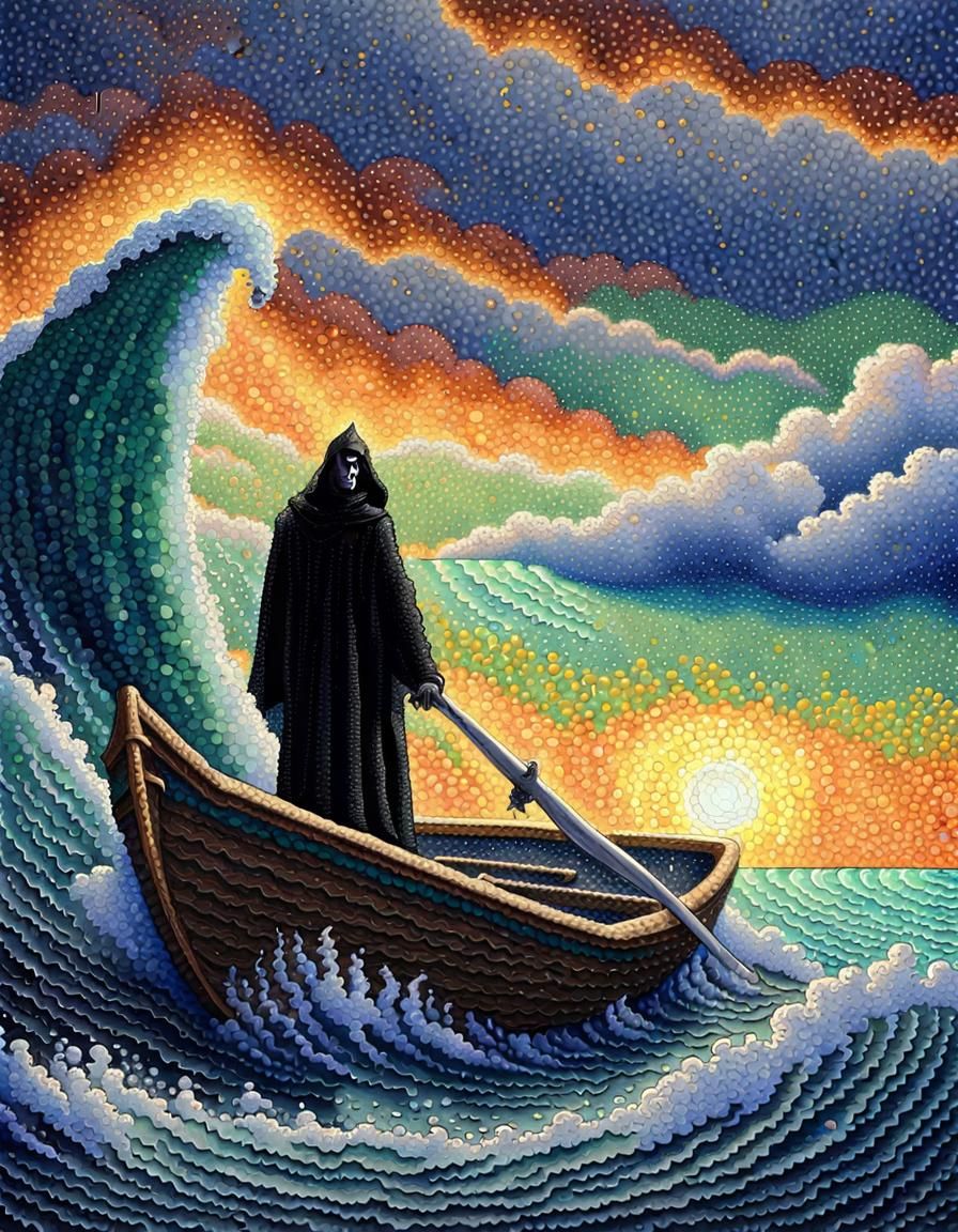 Pointillist Grim Reaper Navigates Stormy Seas