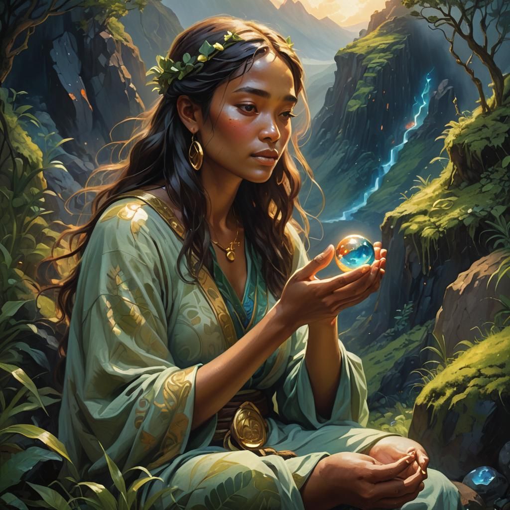 Woman with Glowing Pebble on Volcano: Fantasy Art