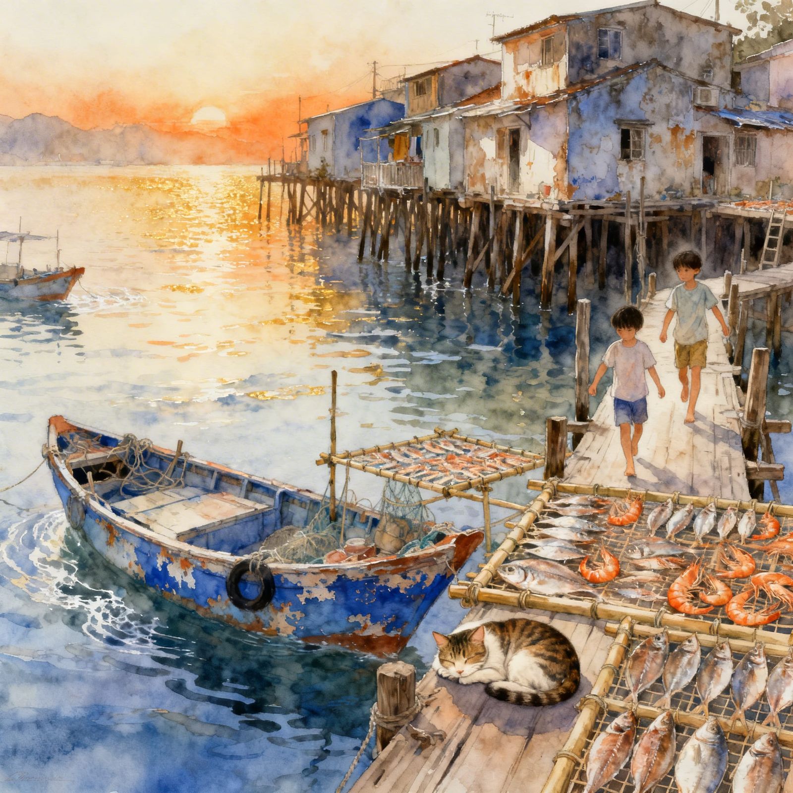 Tranquil Tai O Morning Watercolor Painting