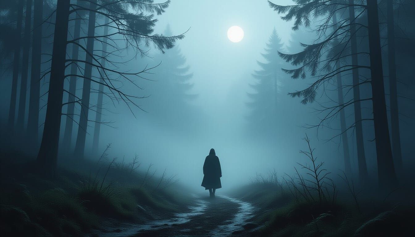 Solitary Traveler in Atmospheric Forest Fog