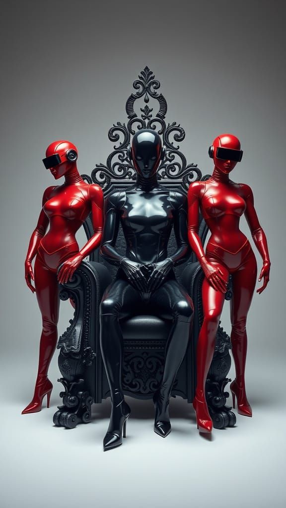A captivating fashion photograph of three stylized robots se...