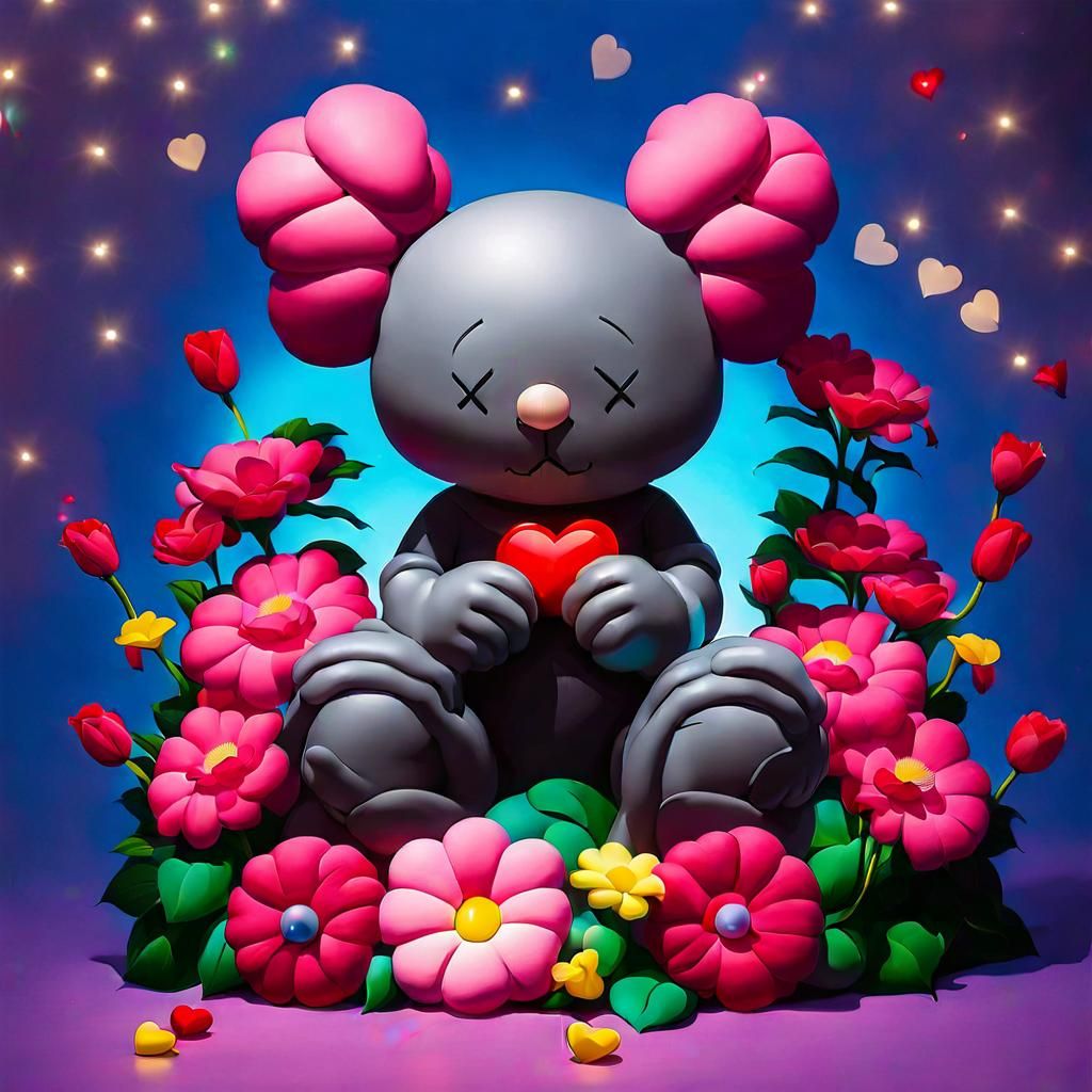 KAWS Style Cat with Flowers and Heart Lights