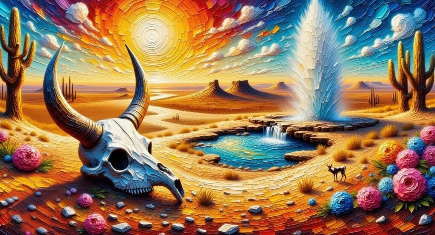 Impasto Oil Painting of Desert Oasis with Steer Skull