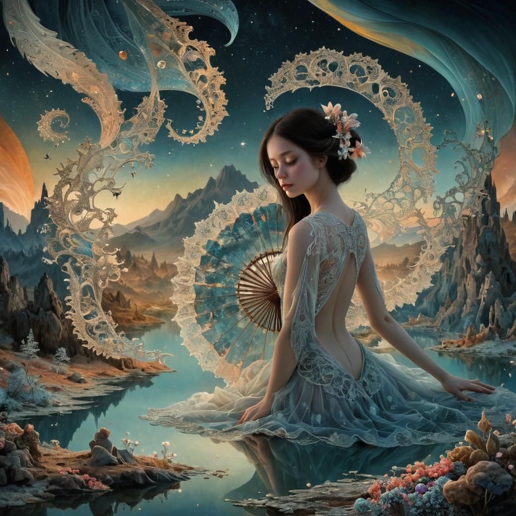 Fractal Fan Dancer in Dreamcore Art Nouveau Landscape