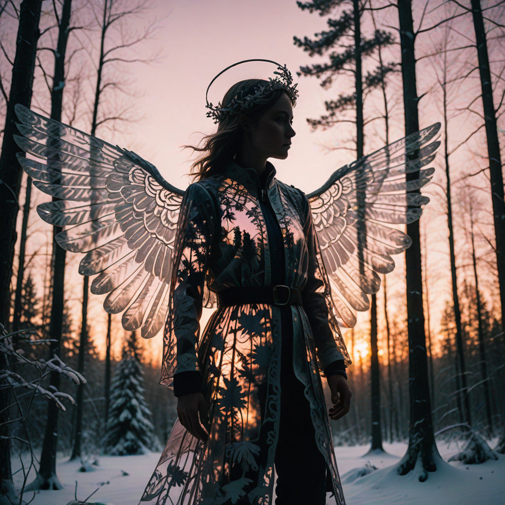 Angel Silhouette Amid Snowy Sunset in Cinematic Double Expos...