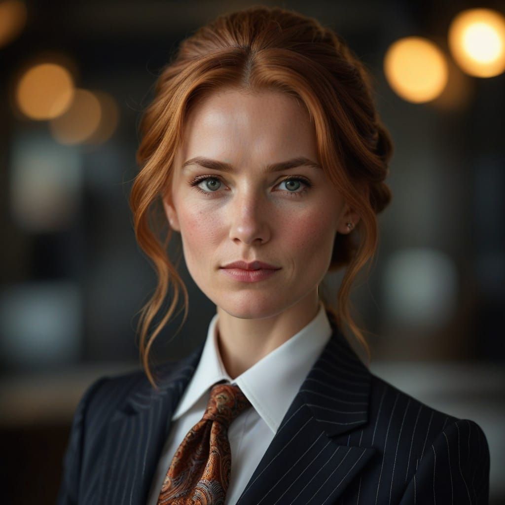 Elegant Businesswoman in Pinstripe Blazer and Paisley Tie