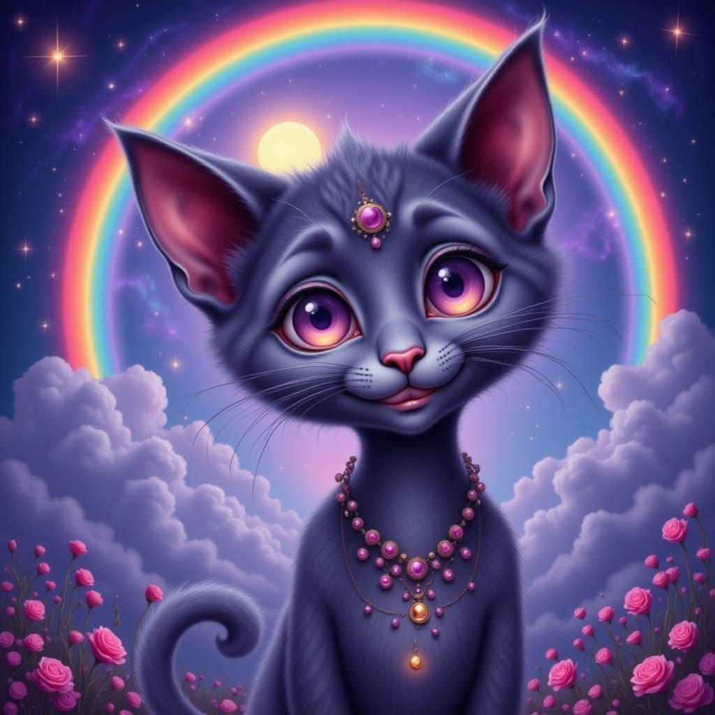 Joyful Rainbow Moon Creature with Enormous Eyes and Smile