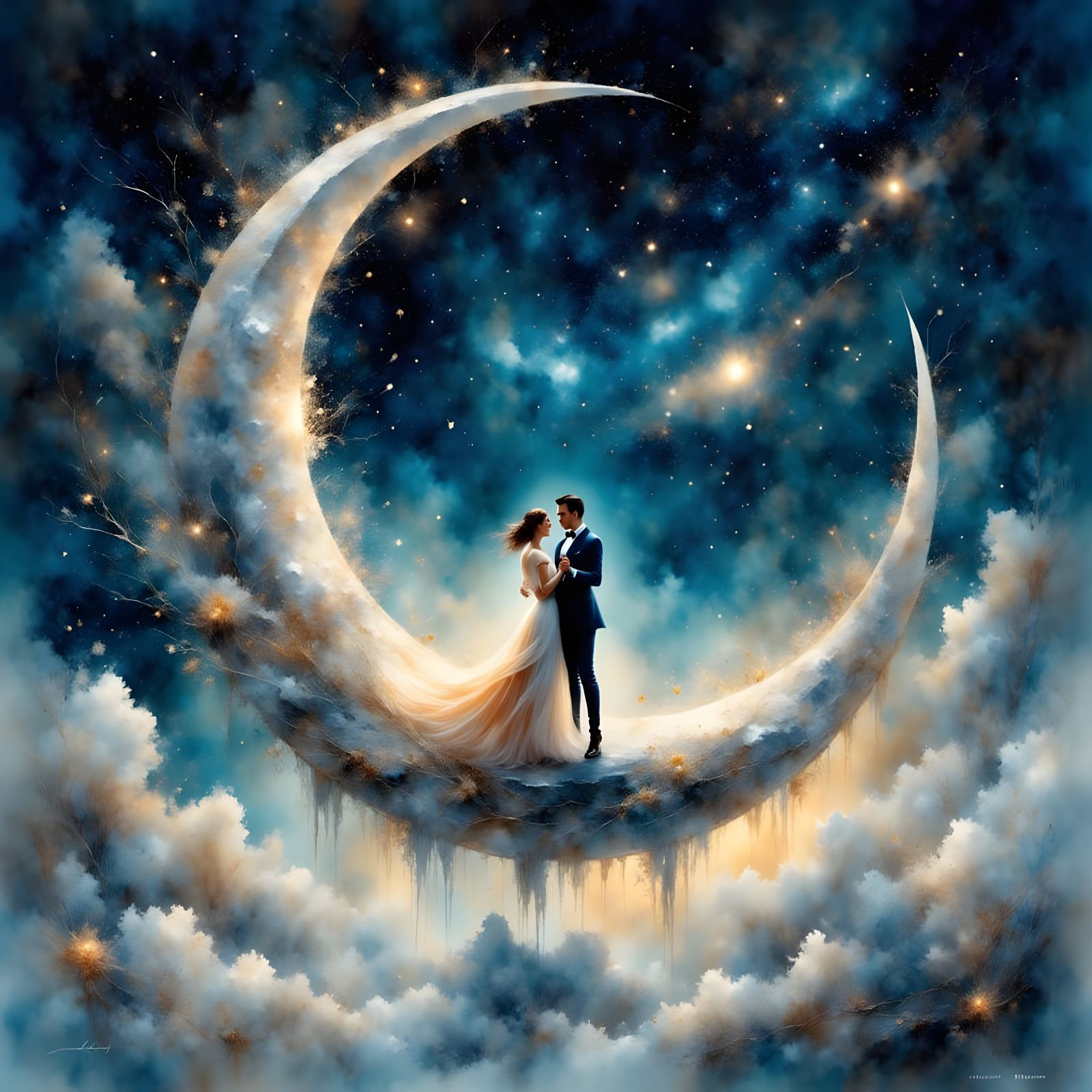 Magical Waltz on a Crescent Moon in Starry Sky