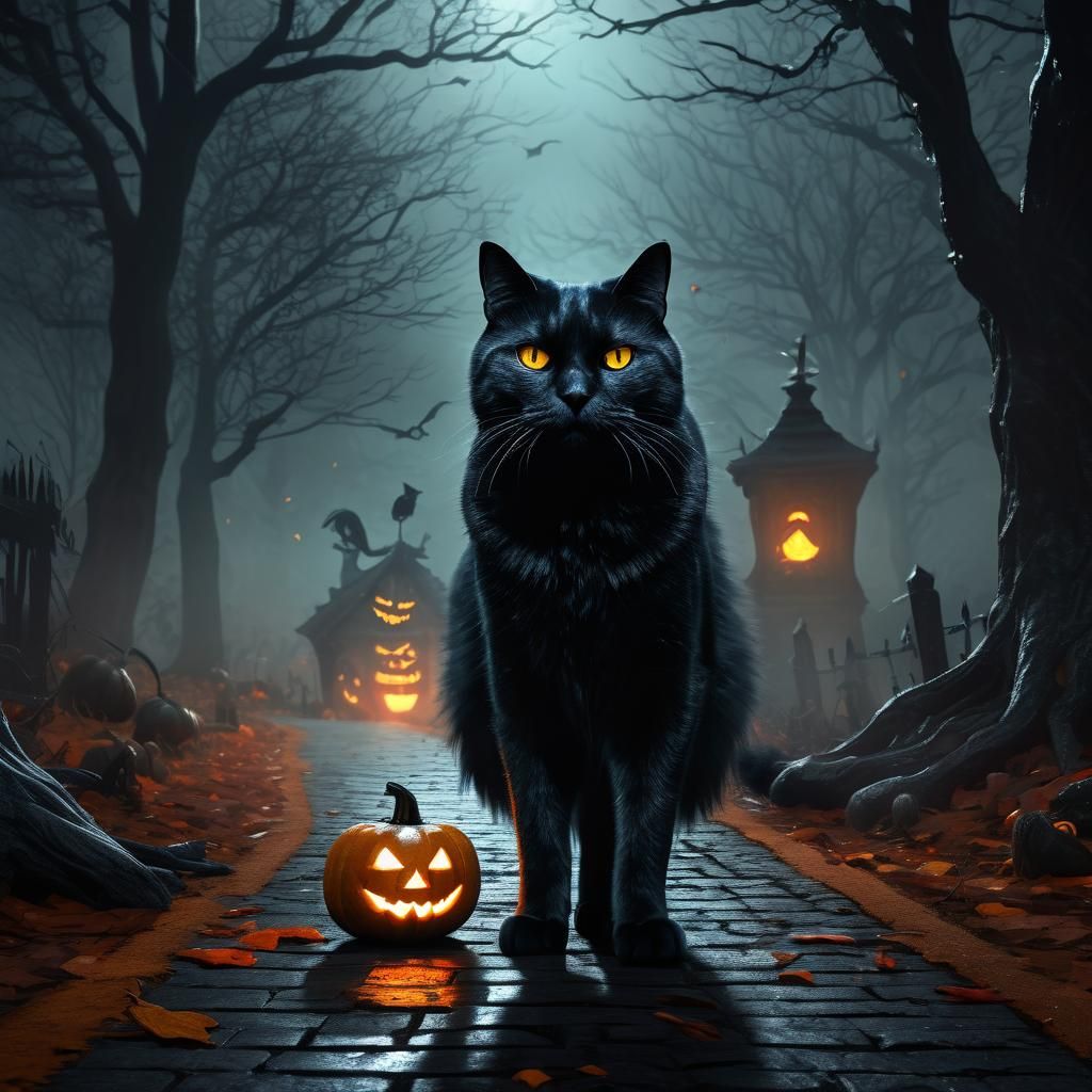 Black Cat and Jack-o-Lantern in Dark Fantasy Art