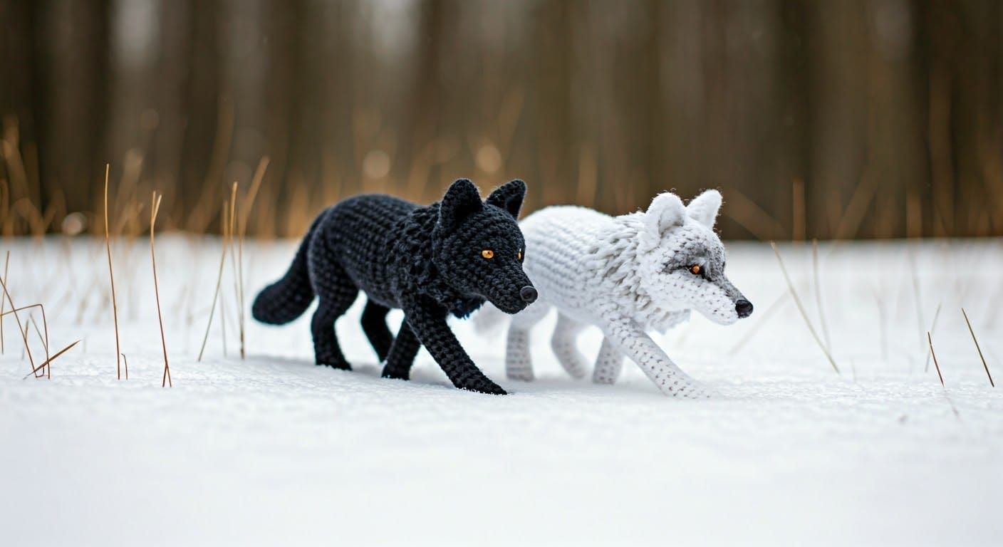 Hyperrealistic Crochet Wolves in Snowy Field
