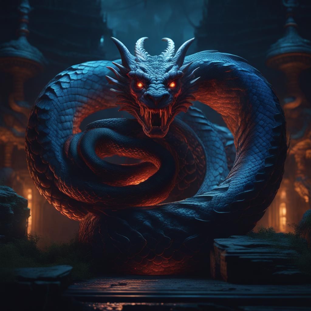 Three-Headed Night Serpent in Detailed Matte Painting