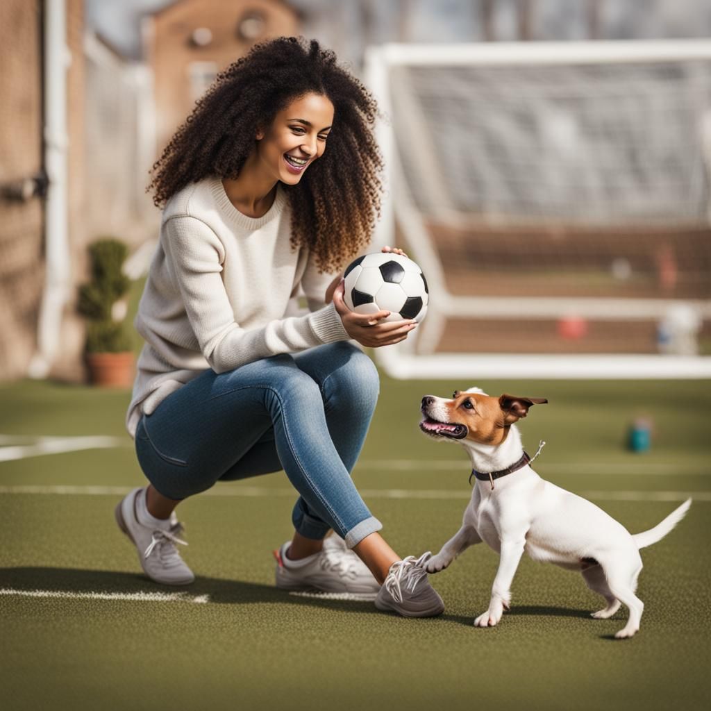 Woman and Jack Russell Play Football