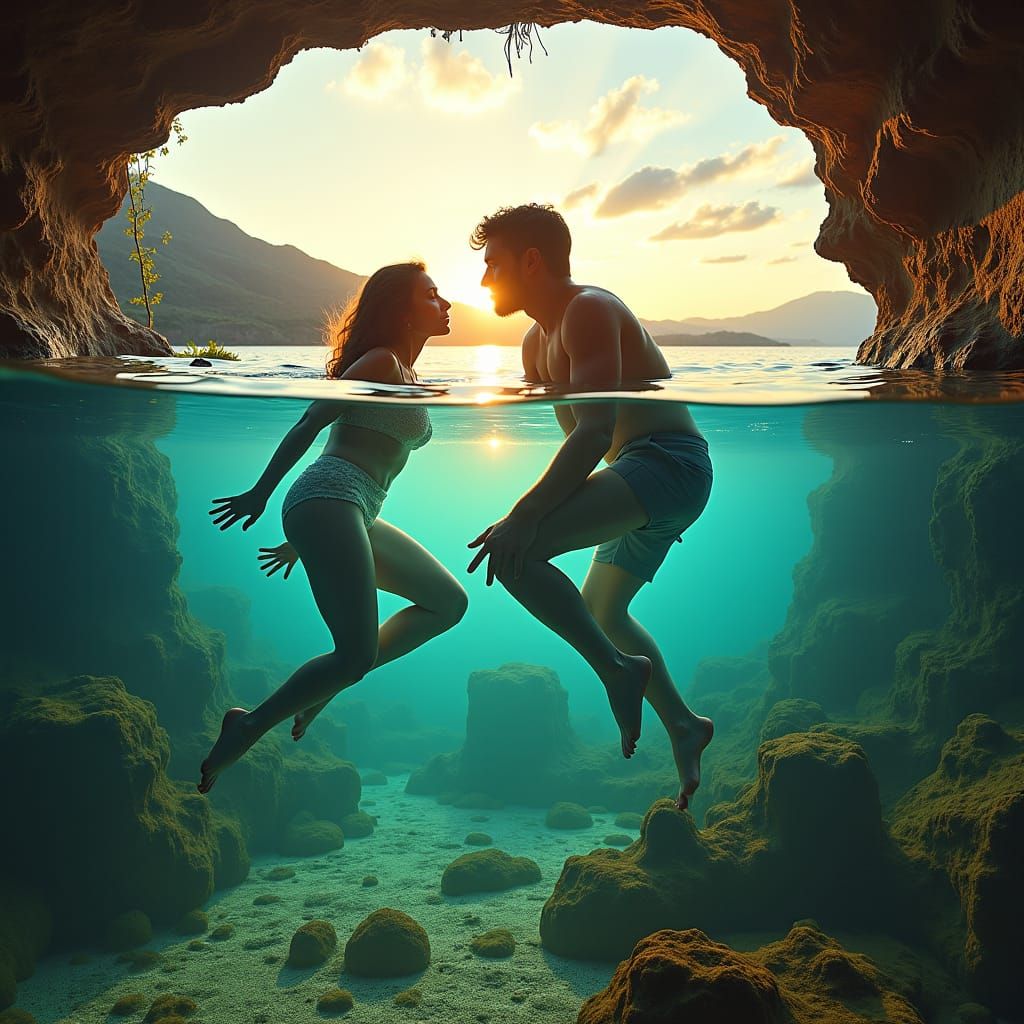 Hyperrealistic Double Exposure: Couple Swimming in Aquarium