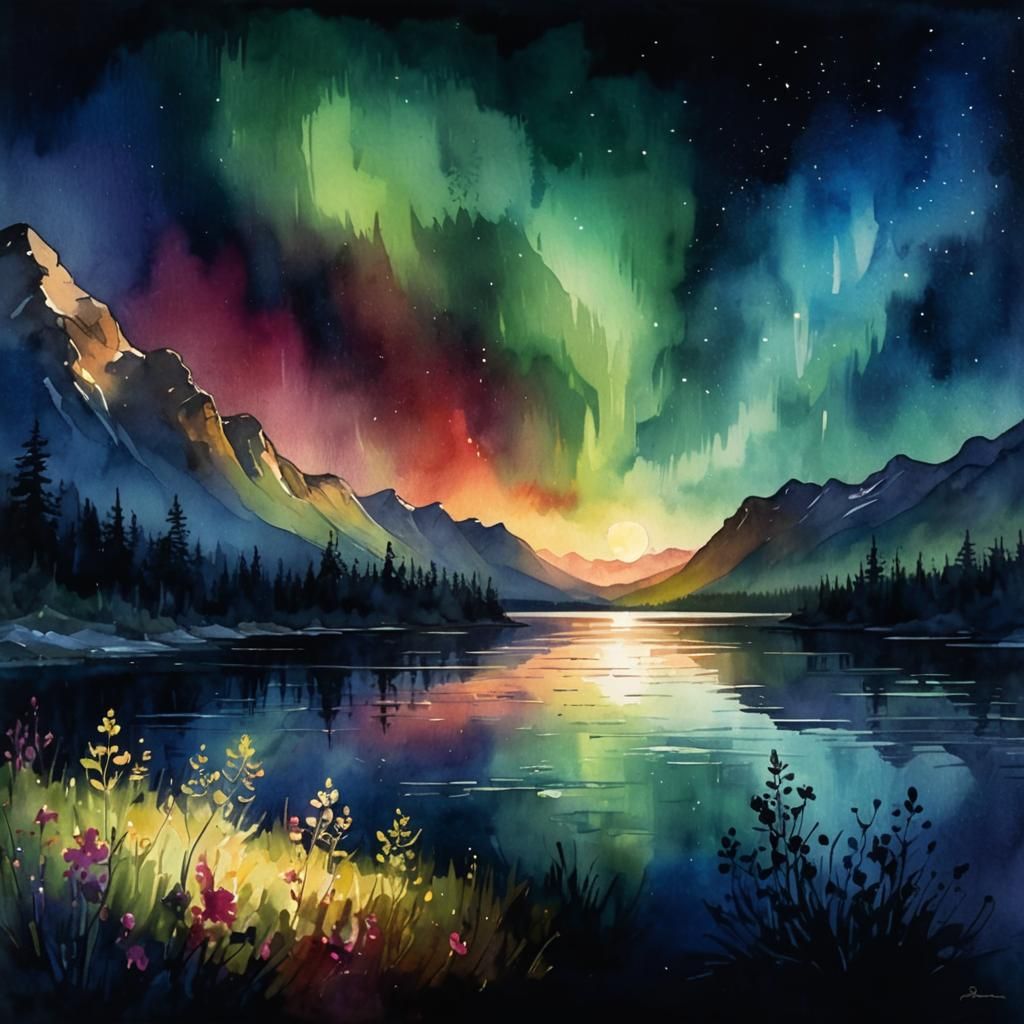 Aurora Borealis Over Lake: Impressionist Watercolor Painting