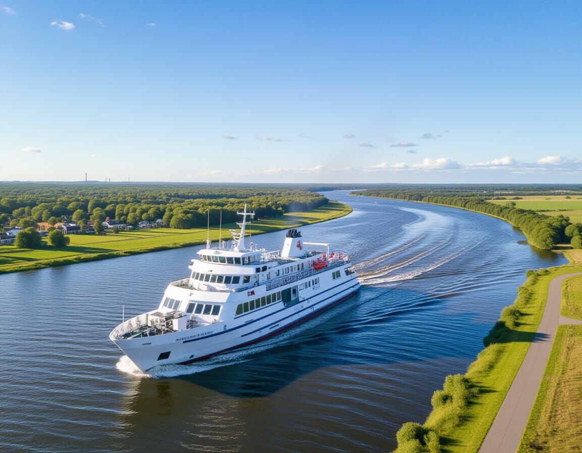 Realistic White Motor Ship on Lush Green River Landscape