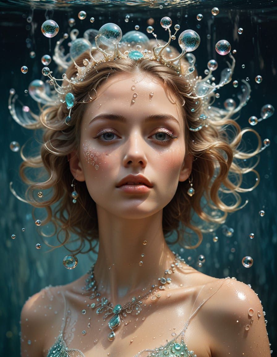 Translucent Liquid Mermaid with Iridescent Bubble Crown