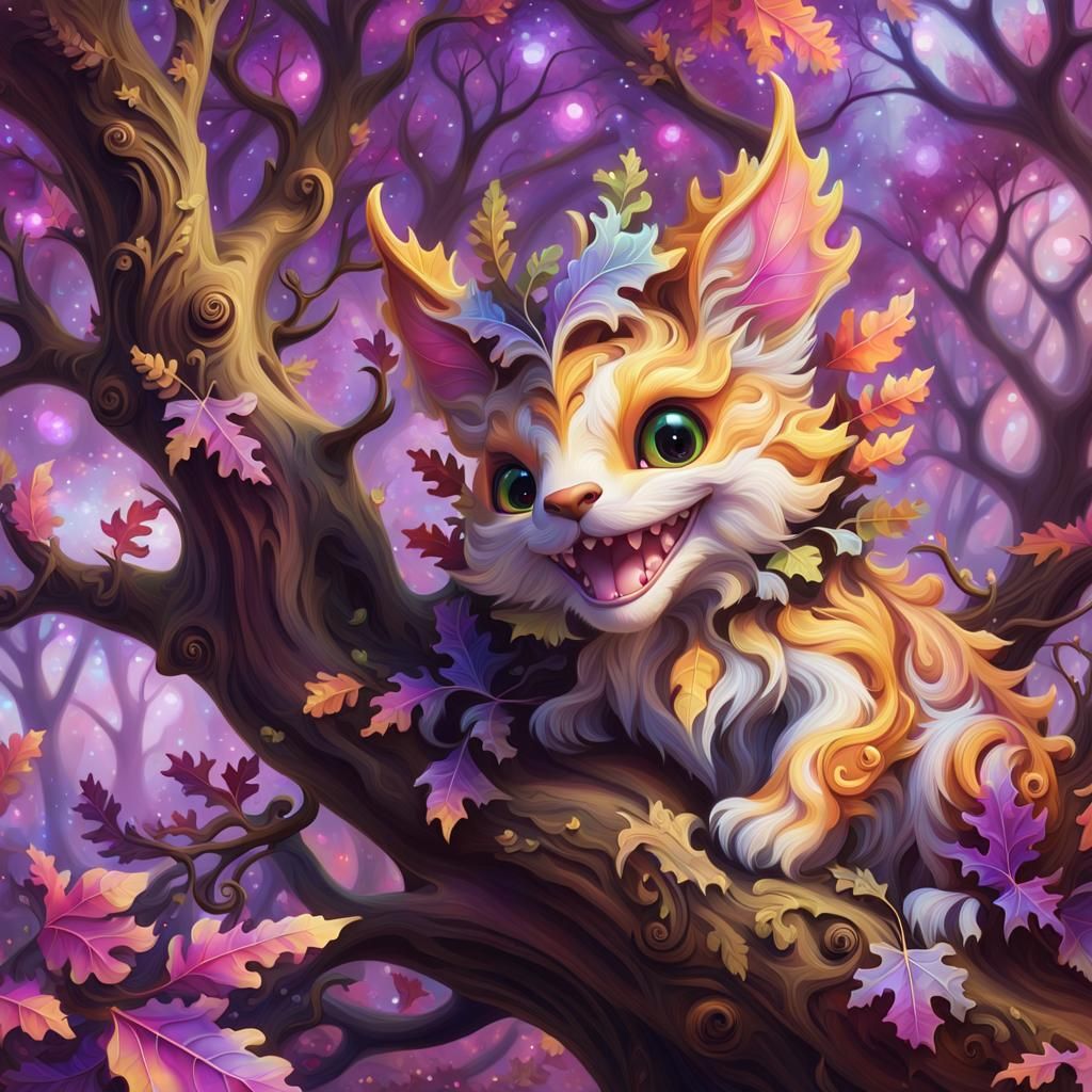 Enchanted Oak Leaves with Fairytale Creature