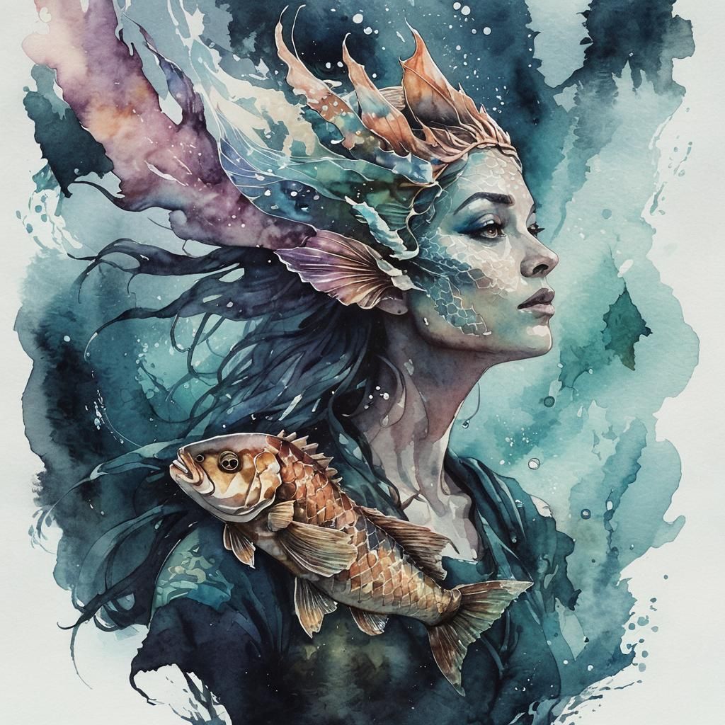 Merfolk Warrior Woman in Watercolor Style