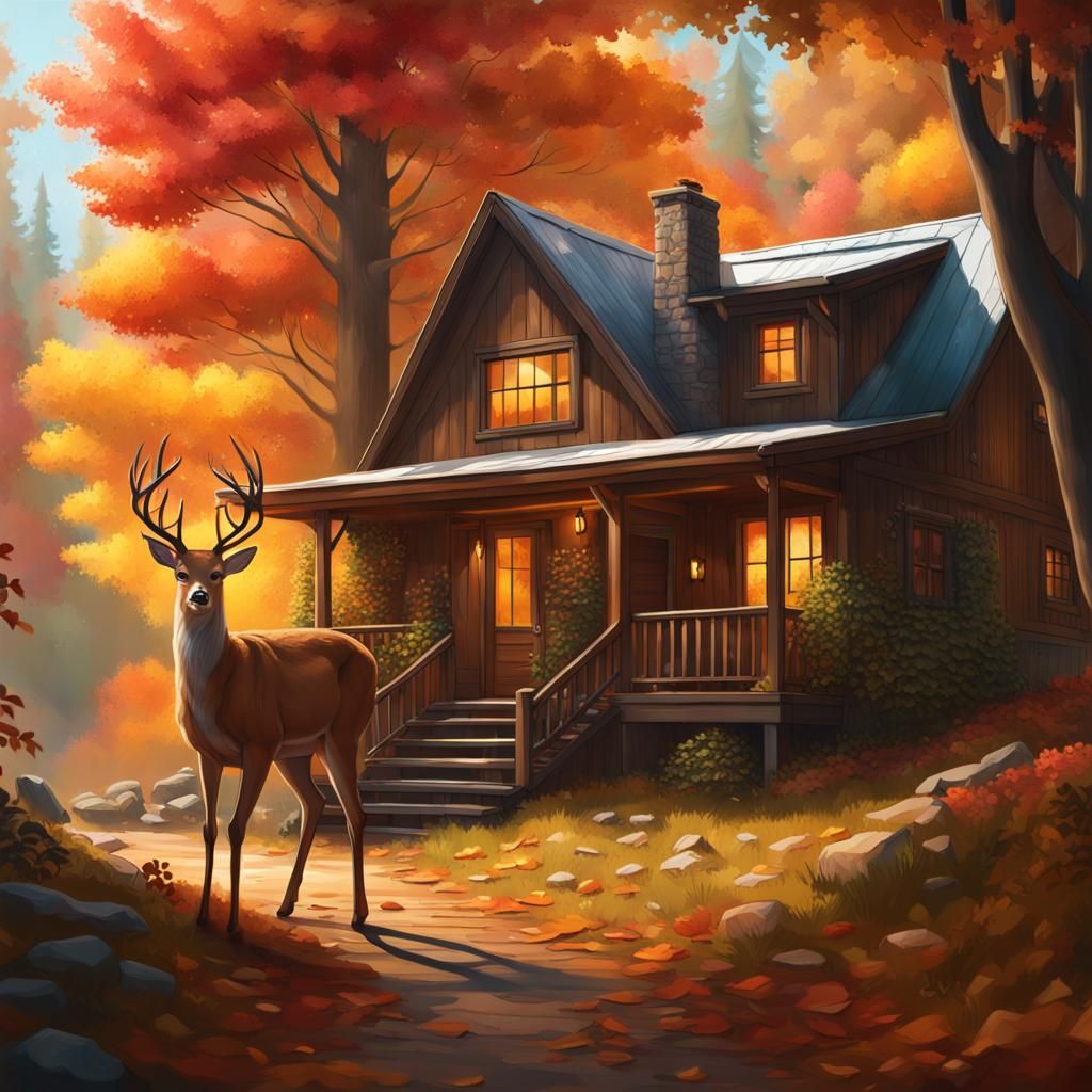 Cozy Cabin in Autumn Woods: Hyperrealistic Image