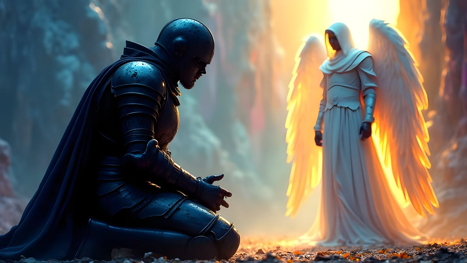 Cyberpunk Knight in Defeat, Surrendering to an Angelic Figur...
