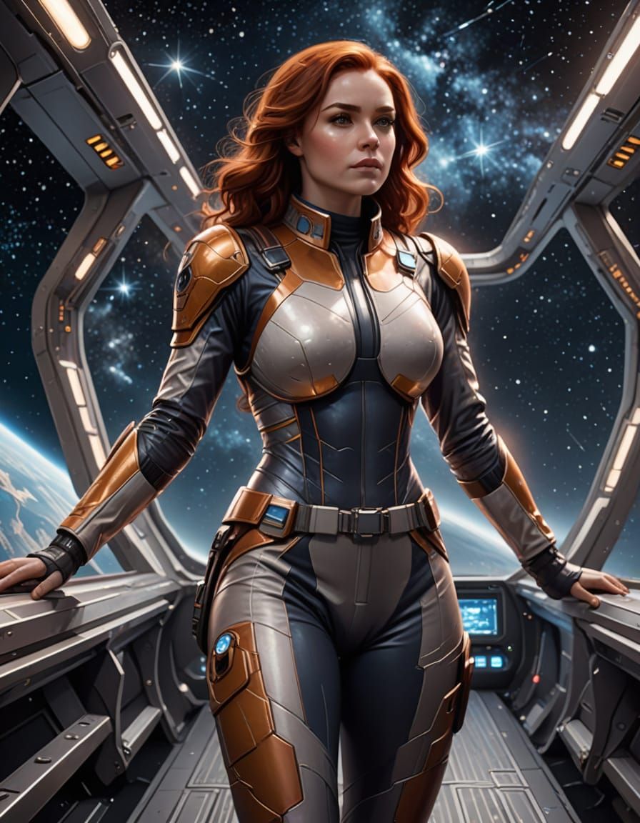 Space Commander in Honeycomb Uniform Stands on Spaceship Bri...