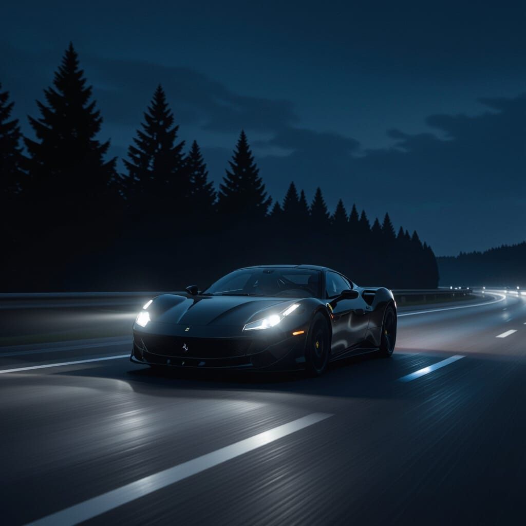 Matte Black Ferrari Speeding on Deserted Highway at Night