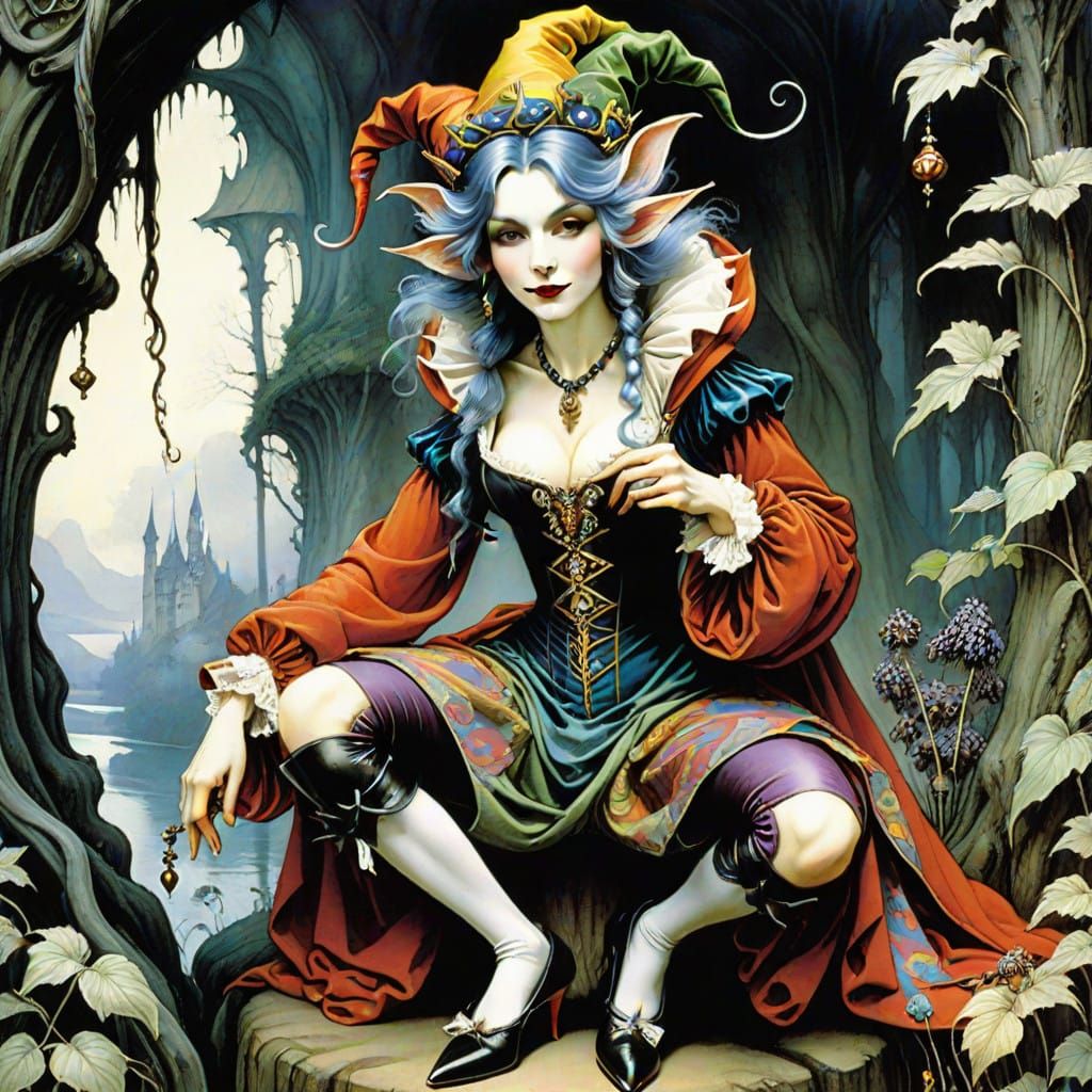 Whimsical Female Jester in Vibrant, Curvaceous Onesie