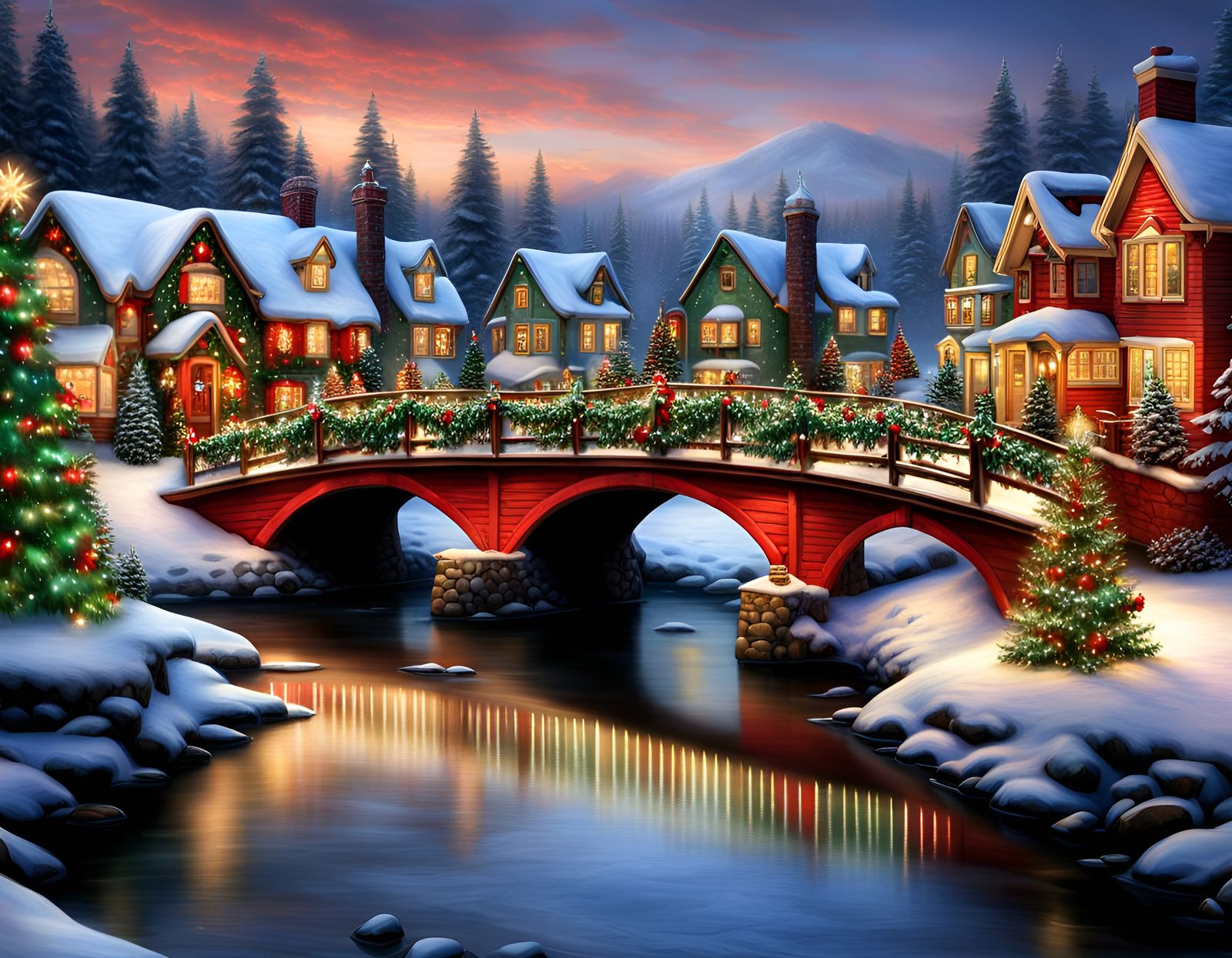 Festive Winter Village Bridge in Holiday Magic Style