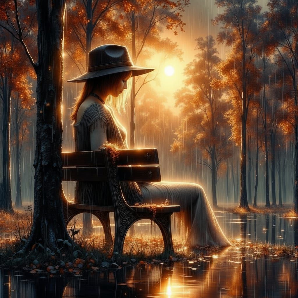 Woman in Rainy Park: Hyperrealistic Splash Art