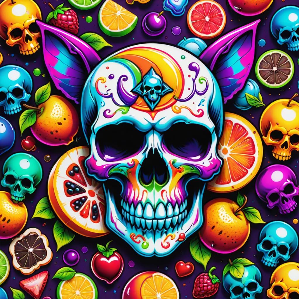Vibrant Flash Tattoo Sheet with Skull Candy Art