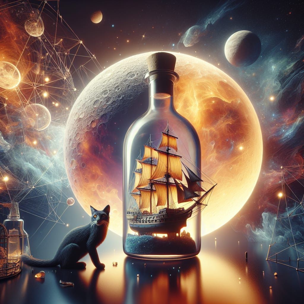 Ship in a Bottle with Lynx in Space: Fantasy Art